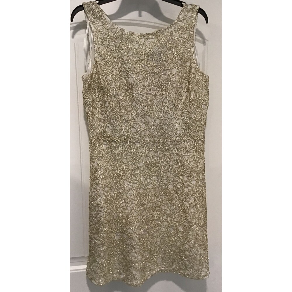 EUC Charming Charlie Cream & Gold Crochet Thread Lined Sleeveless Dress Sz L
